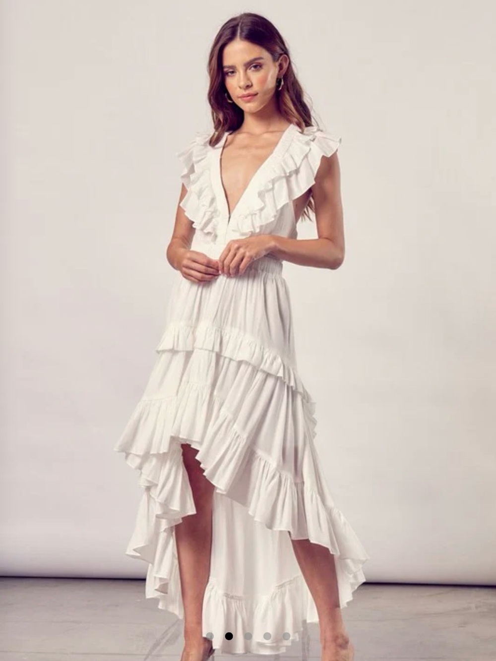 FASHION WHITE V-NECK HIGH LOW RUFFLE CROSS OPEN BACK SLEEVELESS MAXI DRESS - Picture 6 of 10